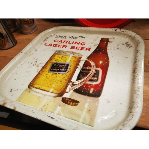 931 - Carling Lager Beer tinplate advertising tray {33 cm H x 33 cm W} and Blacklabel Lager beer tinplate ... 