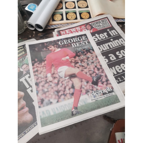 938 - George Best signed photograph and a collection of Belfast Telegraph papers.