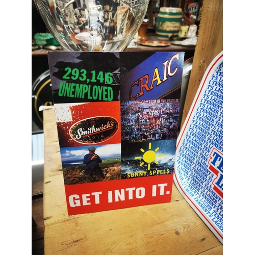 950 - Tennent's advertising drinks tray { 33cm Sq. }, Alpine Lager tray and Smithwick's Get Into It advert... 