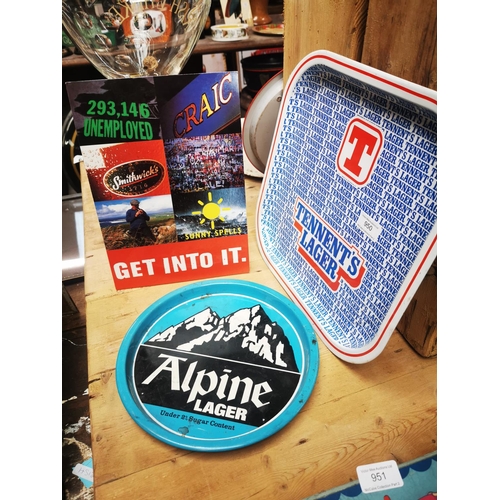 950 - Tennent's advertising drinks tray { 33cm Sq. }, Alpine Lager tray and Smithwick's Get Into It advert... 