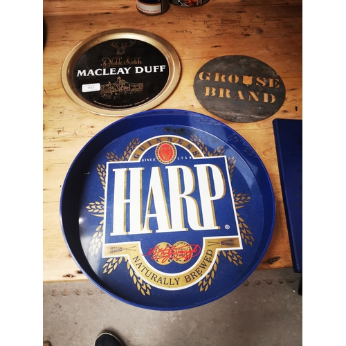 953 - Macleay Duff advertising tray {26 cm Dia.}, Grouse Brand stencil and Harp advertising tray {33 cm Di... 