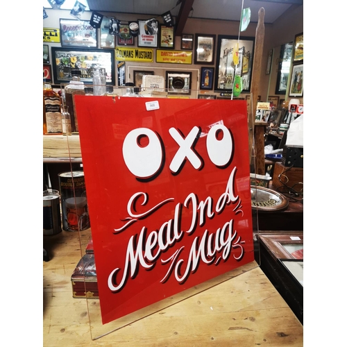 968 - OXO Meal In A Mug painted glass advertising sign {60 cm H x 60 cm W}.