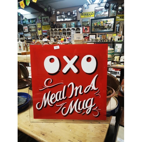 968 - OXO Meal In A Mug painted glass advertising sign {60 cm H x 60 cm W}.