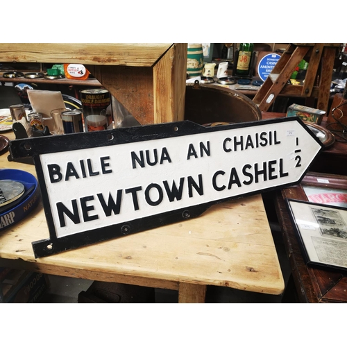 972 - Newtown Cashel 1/2 Mile bi - lingual  finger cast iron post sign. { 28cm H X 96cm W }.