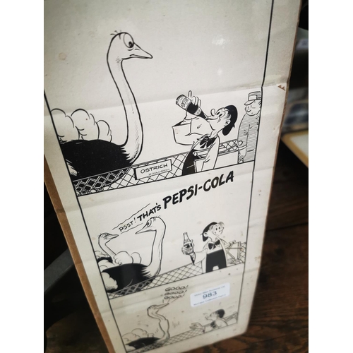 983 - Black and White Pepsi Cola advertising cartoon print {36 cm H x 14 cm W}.