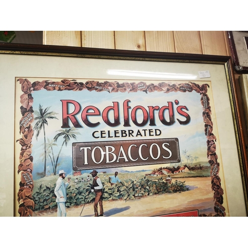 990 - Redford's Celebrated Tobacco framed advertising print { 57cm H X 71cm W }.