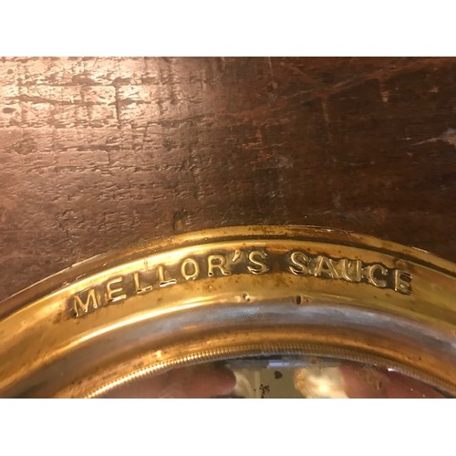 501a - Mellor's Sauce Manufactory Worcester advertising mirror in original brass frame { 40cm H X 36cm W }.