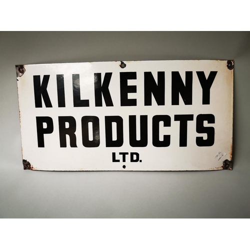 2 - Kilkenny Products Ltd enamel advertising sign {31 cm H x 61 cm W}.