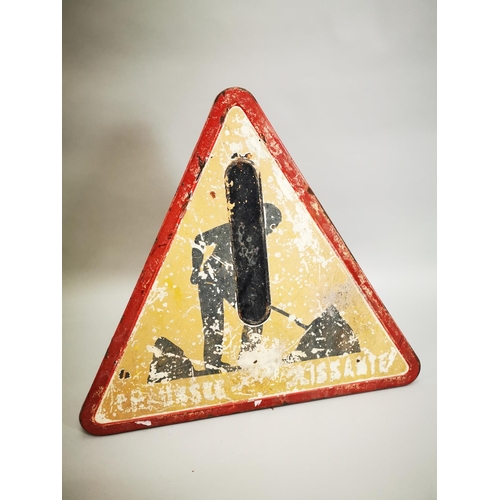 42 - Early 20th C. tin plate road sign in the form of a triangle {80 cm H x 90 cm W}.