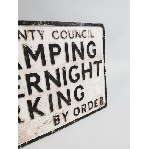 46 - Early 20th C. No Camping or Overnight Parking by Order of Leitrim County Council alloy road sign {43... 