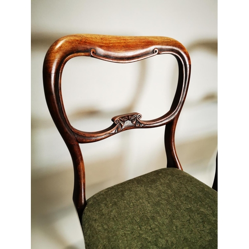 115 - Three Victorian rosewood dining room chairs with upholstered seats {86 cm H x 46 cm W x 47 cm D}.