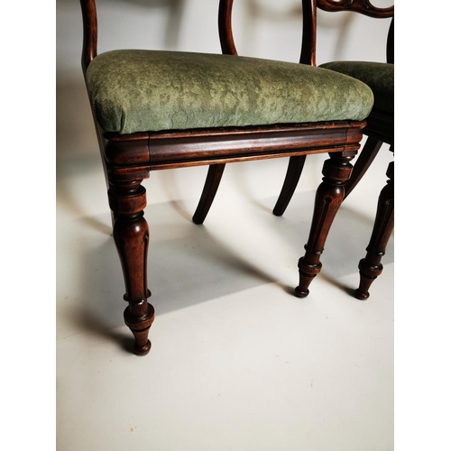 115 - Three Victorian rosewood dining room chairs with upholstered seats {86 cm H x 46 cm W x 47 cm D}.