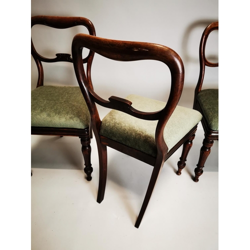 115 - Three Victorian rosewood dining room chairs with upholstered seats {86 cm H x 46 cm W x 47 cm D}.