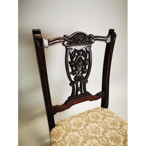 123 - Pair of Edwardian upholstered mahogany parlour chairs. { 73cm H X 46cm W X 47cm D }.
