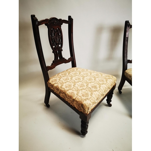 123 - Pair of Edwardian upholstered mahogany parlour chairs. { 73cm H X 46cm W X 47cm D }.