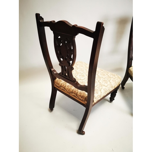 123 - Pair of Edwardian upholstered mahogany parlour chairs. { 73cm H X 46cm W X 47cm D }.