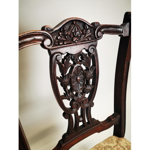 123 - Pair of Edwardian upholstered mahogany parlour chairs. { 73cm H X 46cm W X 47cm D }.