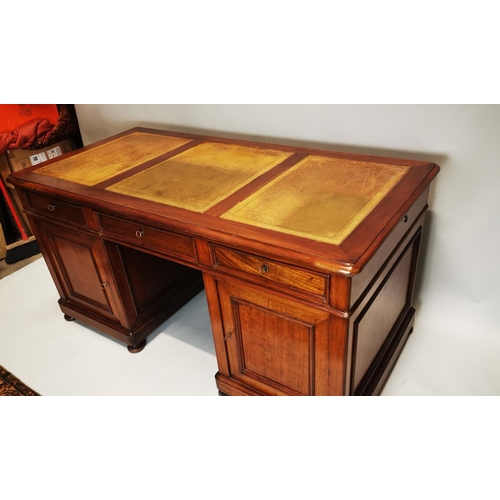 124 - 19th. C. mahogany pedestal desk with inset tooled leather top and fitted interior. { 80cm H X 159cm ... 