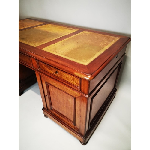 124 - 19th. C. mahogany pedestal desk with inset tooled leather top and fitted interior. { 80cm H X 159cm ... 