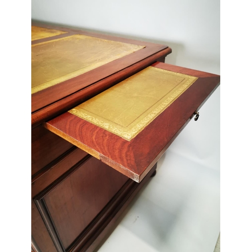 124 - 19th. C. mahogany pedestal desk with inset tooled leather top and fitted interior. { 80cm H X 159cm ... 