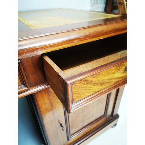 124 - 19th. C. mahogany pedestal desk with inset tooled leather top and fitted interior. { 80cm H X 159cm ... 