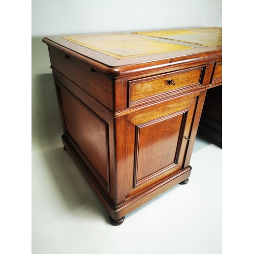 124 - 19th. C. mahogany pedestal desk with inset tooled leather top and fitted interior. { 80cm H X 159cm ... 
