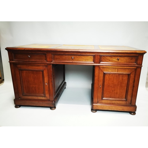 124 - 19th. C. mahogany pedestal desk with inset tooled leather top and fitted interior. { 80cm H X 159cm ... 