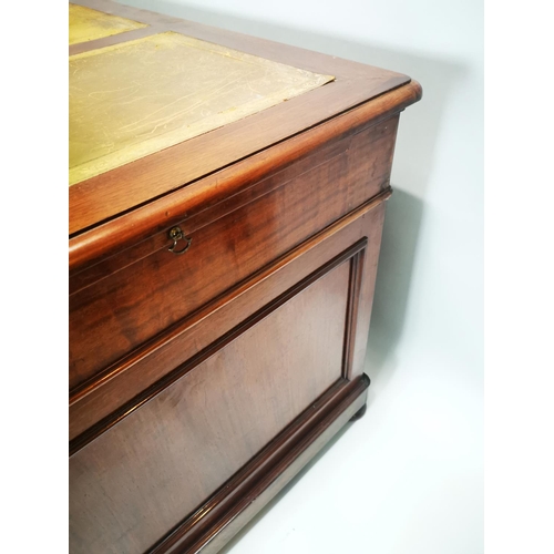 124 - 19th. C. mahogany pedestal desk with inset tooled leather top and fitted interior. { 80cm H X 159cm ... 