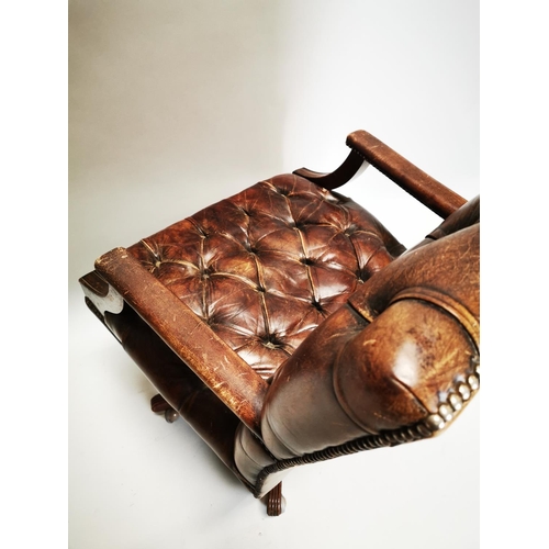 125 - 20th. C. deep buttoned leather upholstered and mahogany swivel desk chair. { 103 H cm X 72cm W X 65c... 