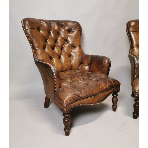 126 - Good quality pair of hand dyed leather deep buttoned chairs on turned mahogany legs {84 cm H x 59 cm... 