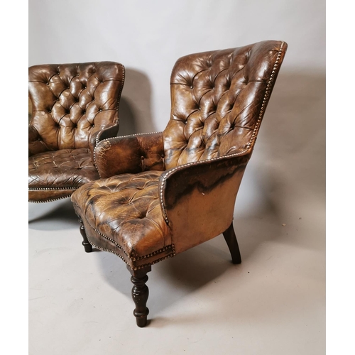 126 - Good quality pair of hand dyed leather deep buttoned chairs on turned mahogany legs {84 cm H x 59 cm... 
