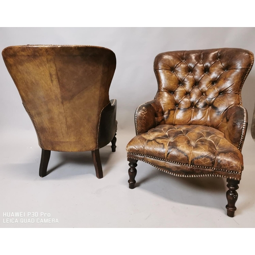 126 - Good quality pair of hand dyed leather deep buttoned chairs on turned mahogany legs {84 cm H x 59 cm... 