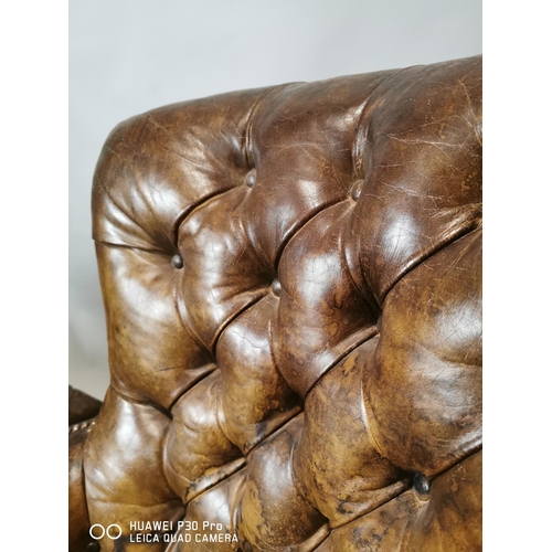 126 - Good quality pair of hand dyed leather deep buttoned chairs on turned mahogany legs {84 cm H x 59 cm... 