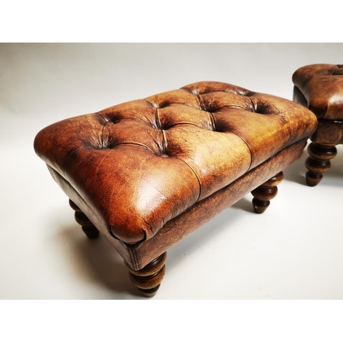 136 - Pair of exceptional quality hand died English leather deep buttoned stools on turned walnut legs {30... 