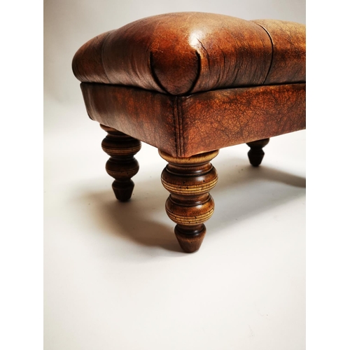 136 - Pair of exceptional quality hand died English leather deep buttoned stools on turned walnut legs {30... 