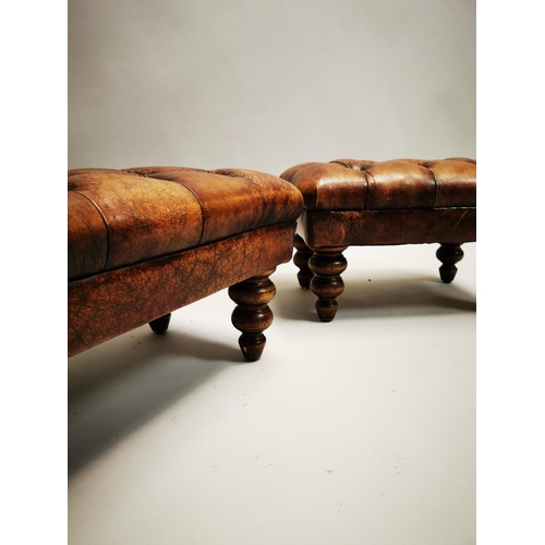 136 - Pair of exceptional quality hand died English leather deep buttoned stools on turned walnut legs {30... 