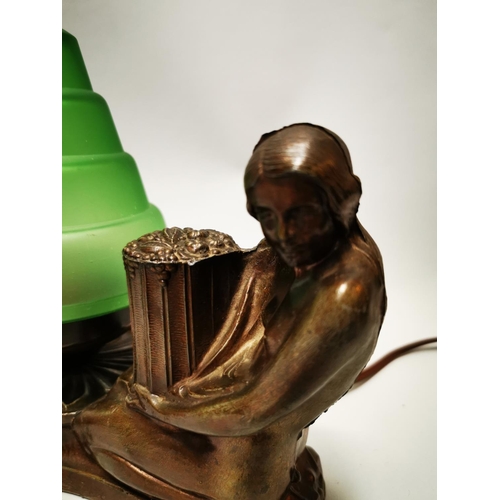 137 - Gilded metal lamp with green shade in the Art Deco style {21 cm H x 18 cm W x 12 cm D}.