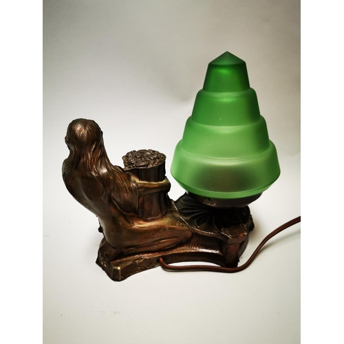 137 - Gilded metal lamp with green shade in the Art Deco style {21 cm H x 18 cm W x 12 cm D}.