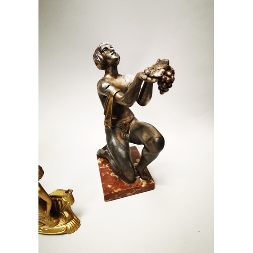 140 - Three gilded metal figures in the Art Deco style {23 cm H, 21 cm H and 12 cm H}.