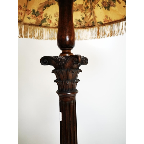 143 - Good quality 1920s carved mahogany standard lamp with original shade {170 cm H x 33 cm Dia.}.