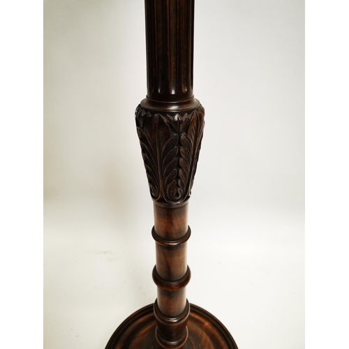 143 - Good quality 1920s carved mahogany standard lamp with original shade {170 cm H x 33 cm Dia.}.