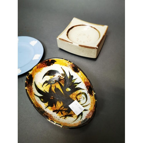 162 - Prickwillow pottery ashtray, ceramic dish and two pieces of Wedgewood.