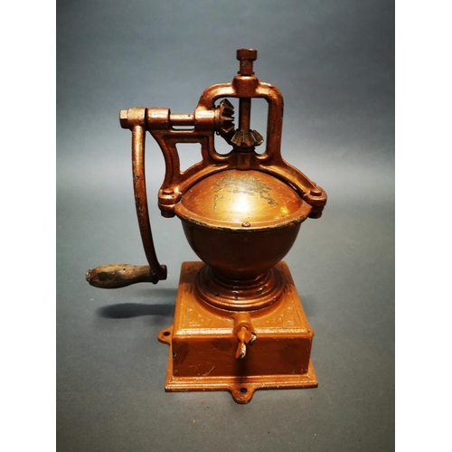 170 - Early 20th C. cast iron and brass coffee grinder {30 cm H x 19 cm W x 15 cm D}.