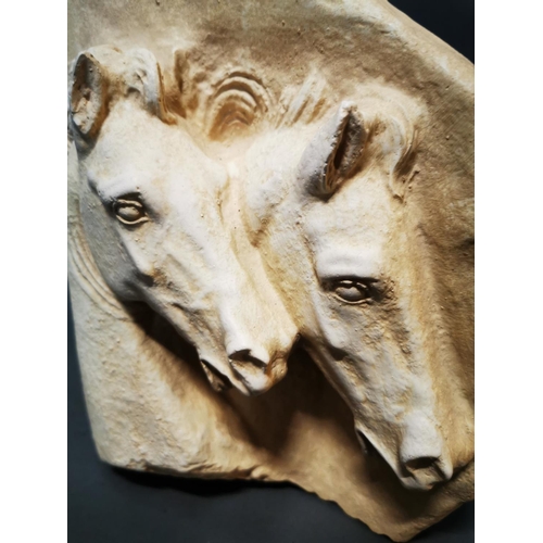 172 - Plaster relief depicting horses {27 cm H x 26 cm W}.