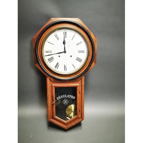 232 - Early 20th C. mahogany regulator clock with painted dial {85 cm H x 43 cm W}.