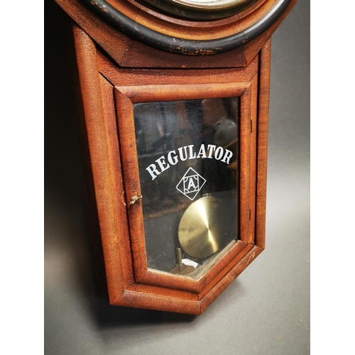 232 - Early 20th C. mahogany regulator clock with painted dial {85 cm H x 43 cm W}.