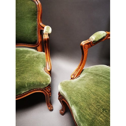 233 - Pair of late 19th C. carved walnut and green velvet upholstered arm chairs on cabriole legs {80 cm H... 