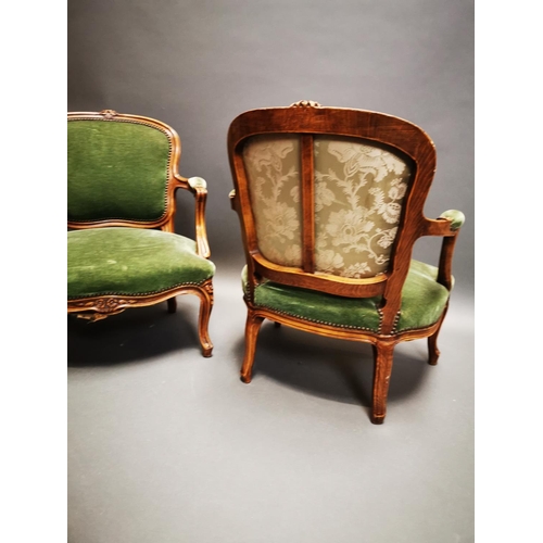 233 - Pair of late 19th C. carved walnut and green velvet upholstered arm chairs on cabriole legs {80 cm H... 