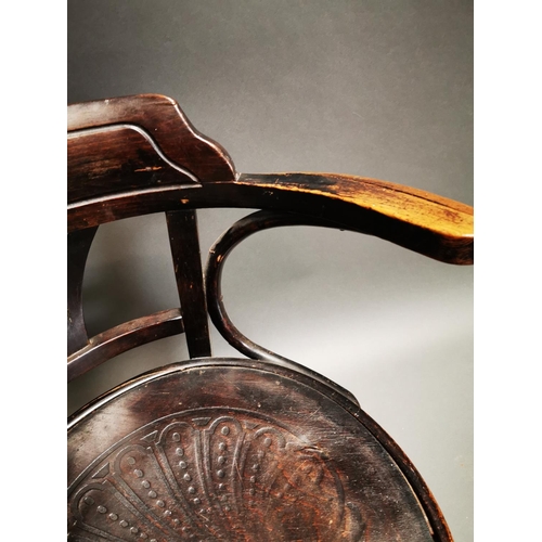 239 - Early 20th C. bentwood arm chair with embossed seat {72 cm H x 62 cm W x 57 cm D}.