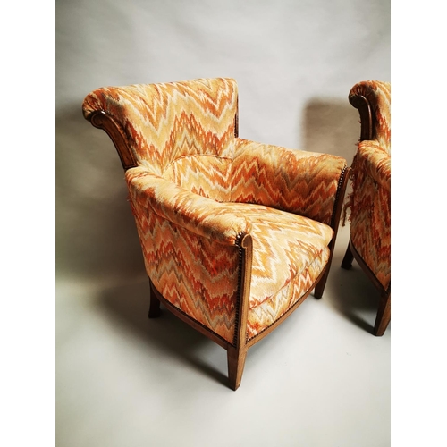 24 - Pair of early 20th C. inlaid mahogany and upholstered club chairs {86 cm H x 65 cm W x 59 cm D}.